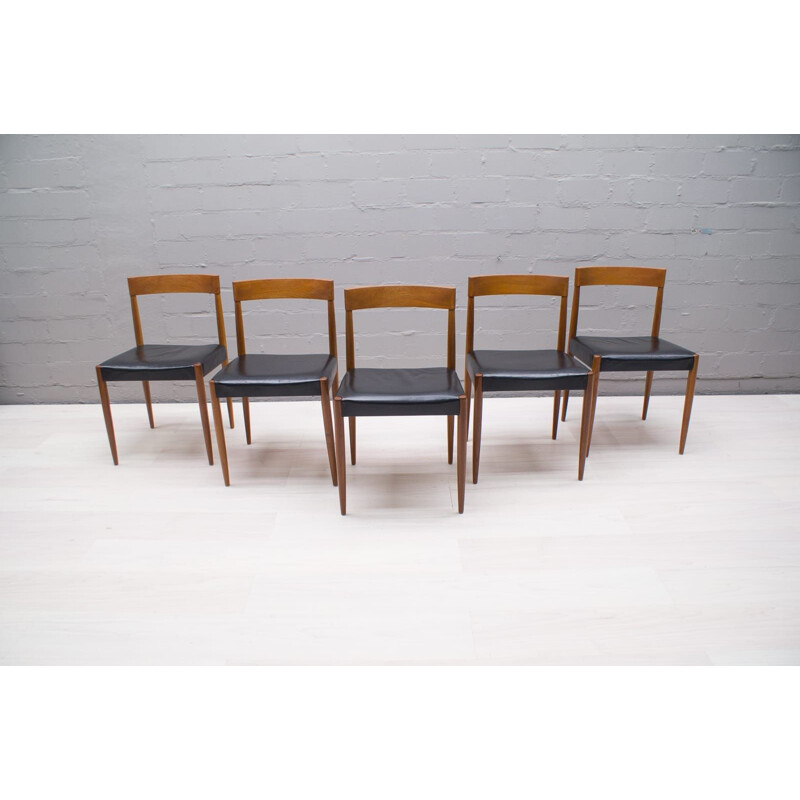 Set of 5 Scandinavian chairs in teak and leather