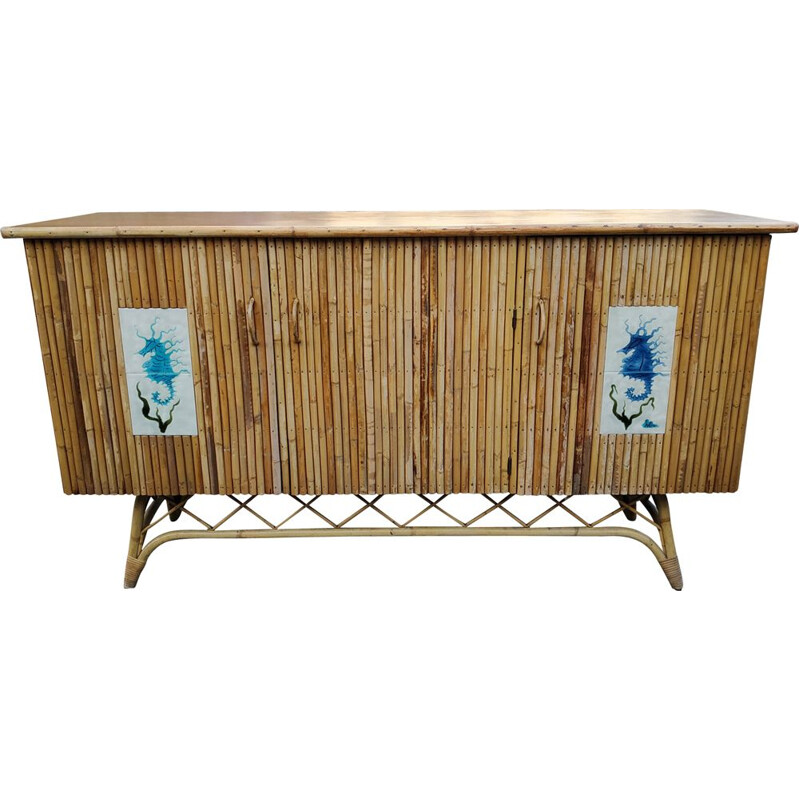 Vintage rattan and ceramic sideboard by Chassin