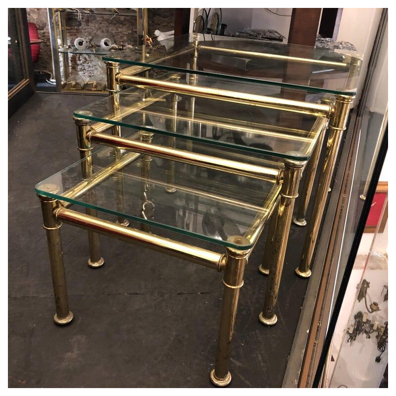 3 vintage Italian side tables in brass and glass,1960 