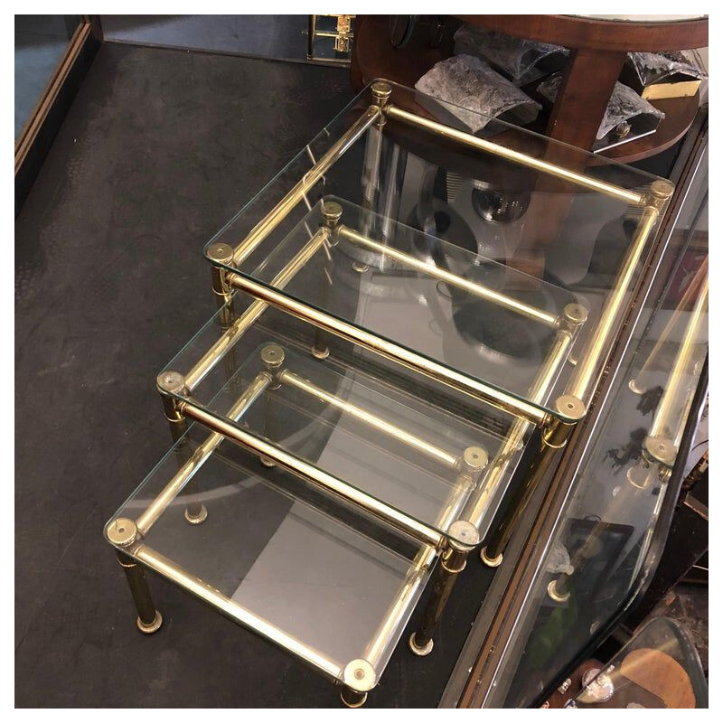 3 vintage Italian side tables in brass and glass,1960 