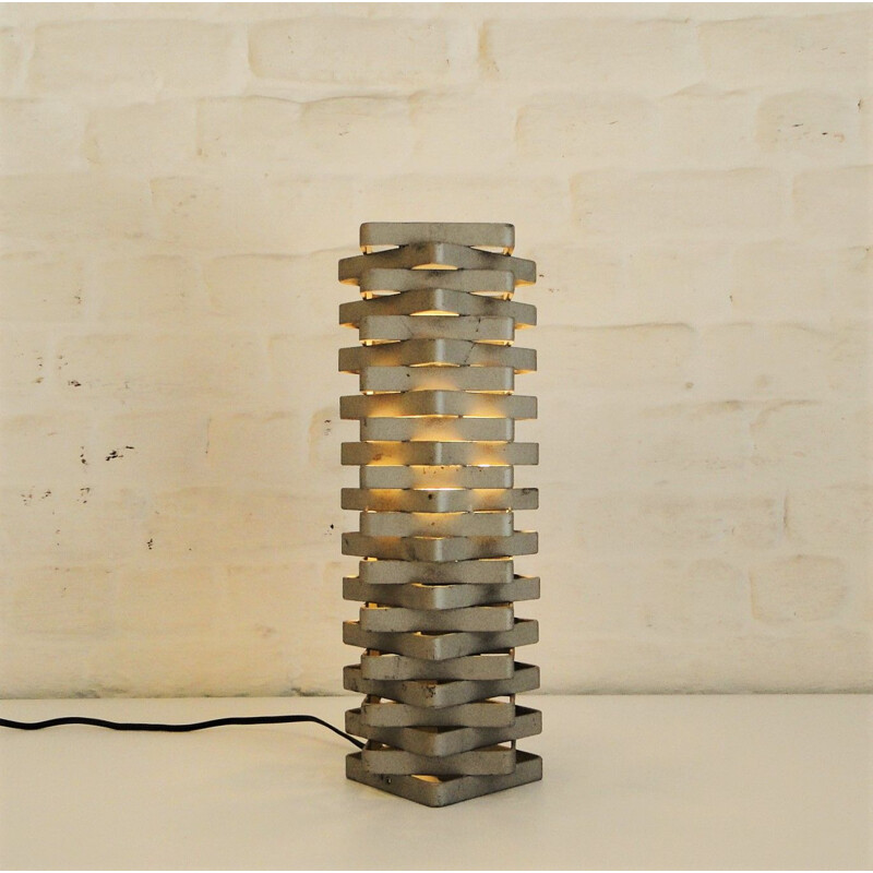 Vintage iron table lamp in the shape of a square tower, 1970