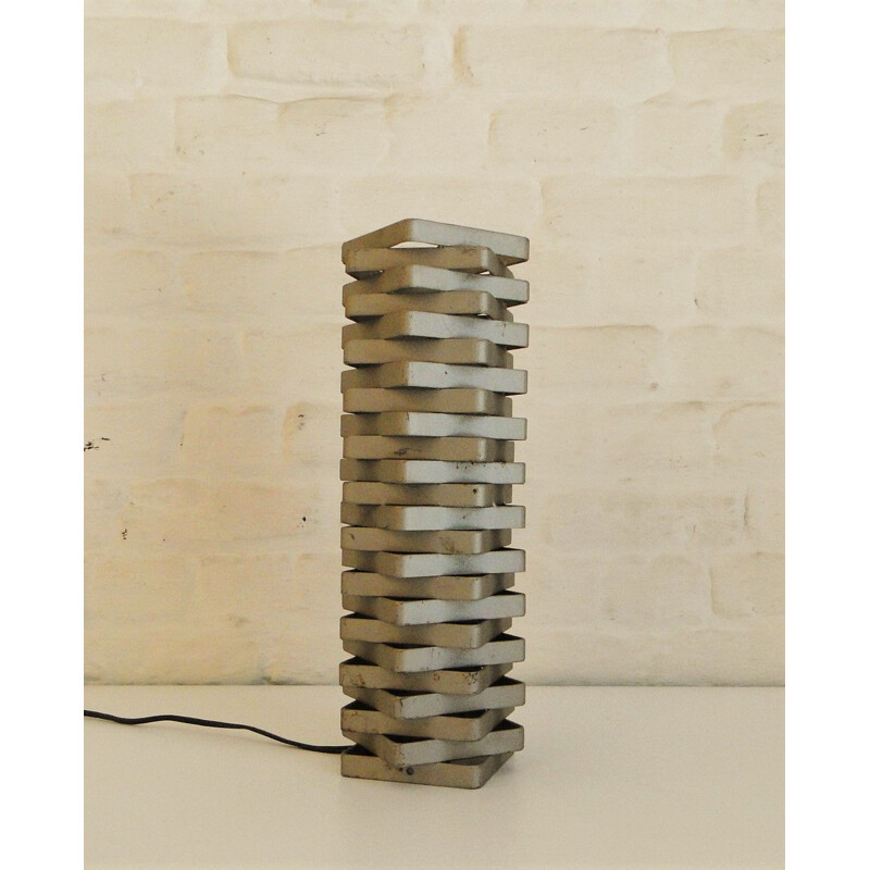 Vintage iron table lamp in the shape of a square tower, 1970