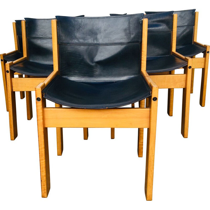 Set of 6 vintage chairs in black leather by Ibisco