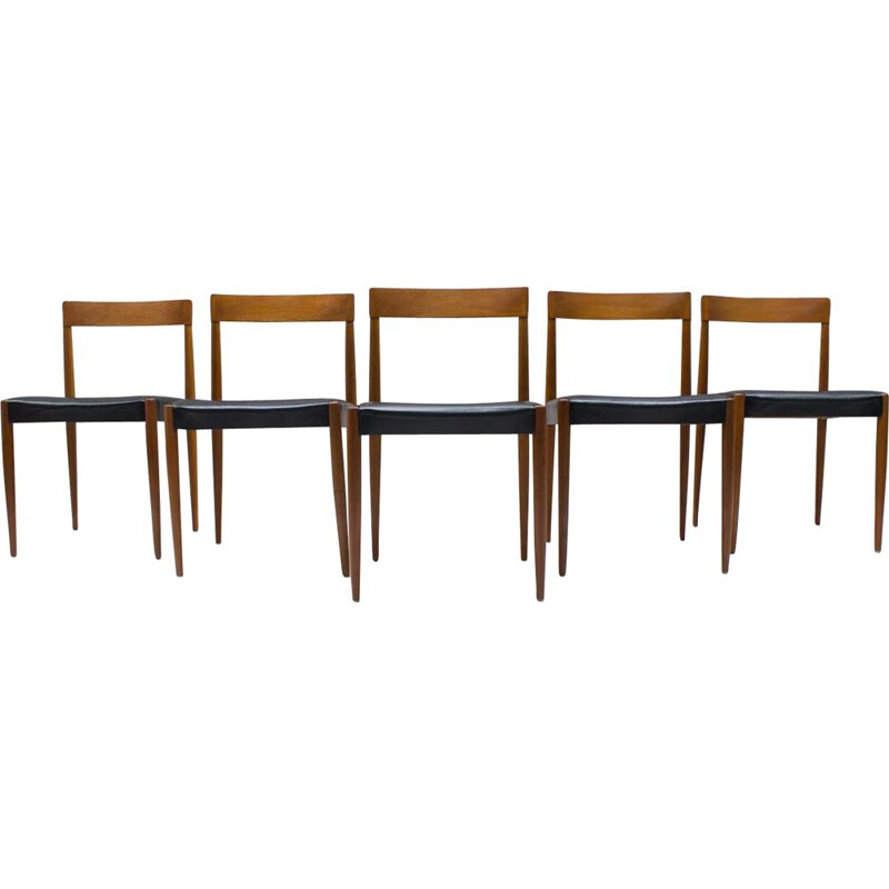 Set of 5 Scandinavian chairs in teak and leather