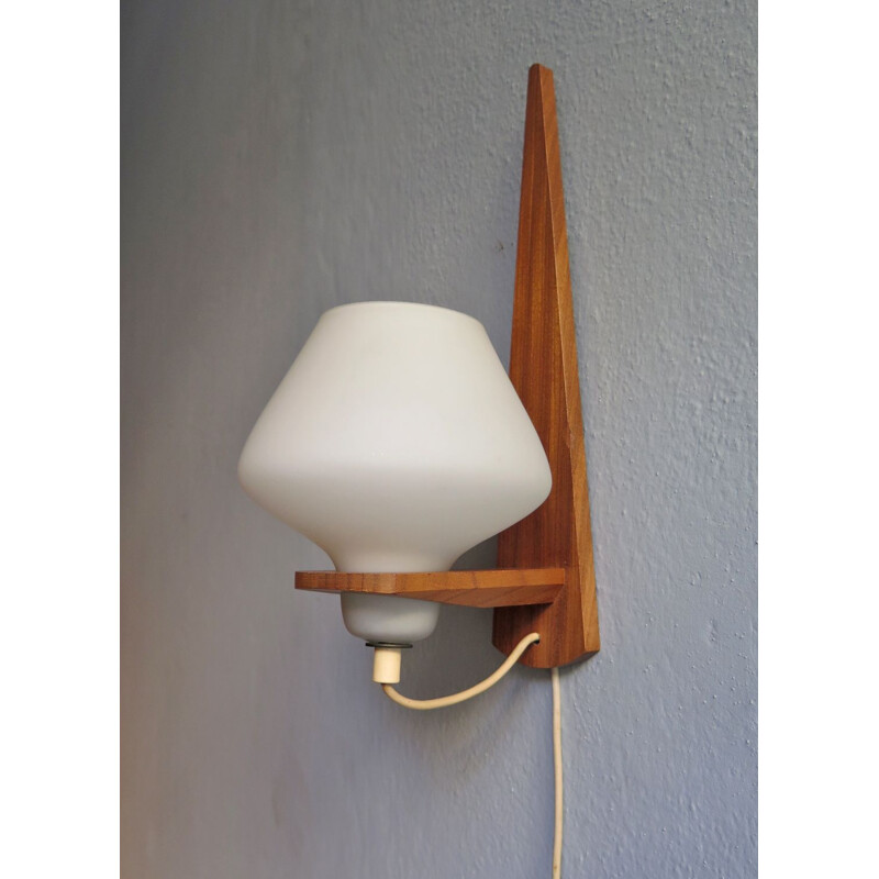 Vintage teak and opaline glass wall lamp