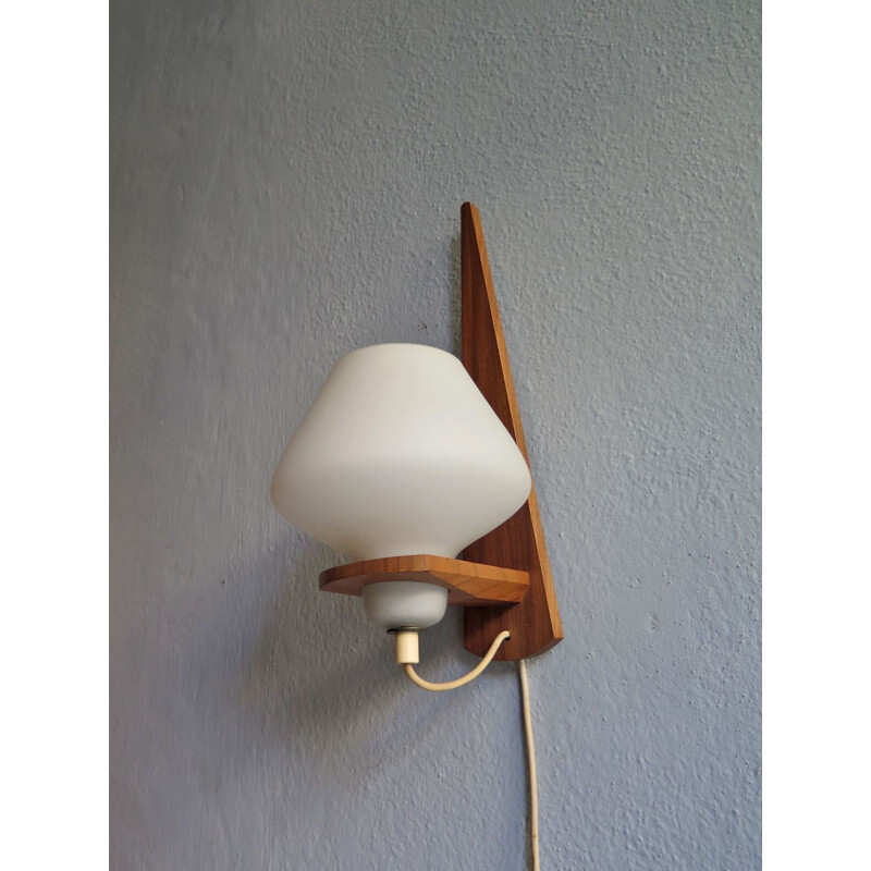 Vintage teak and opaline glass wall lamp