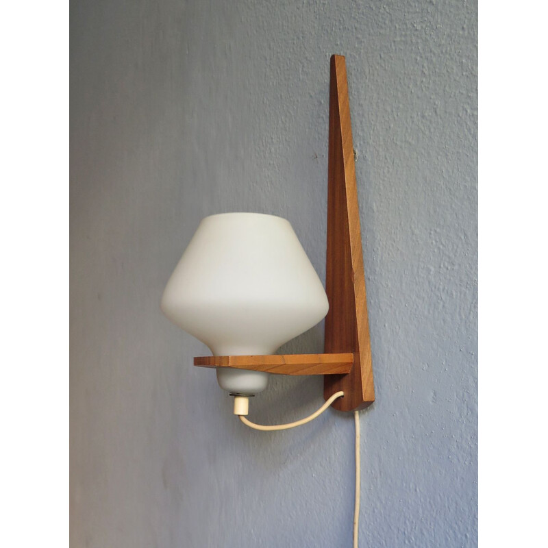 Vintage teak and opaline glass wall lamp