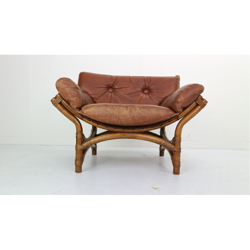 Vintage armchair in brown leather and bamboo