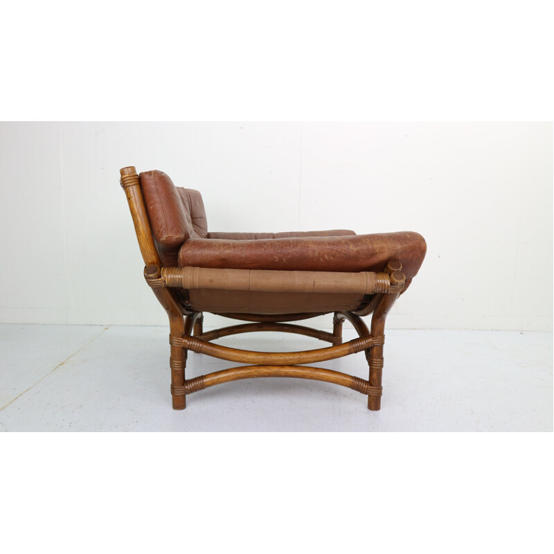 Vintage armchair in brown leather and bamboo