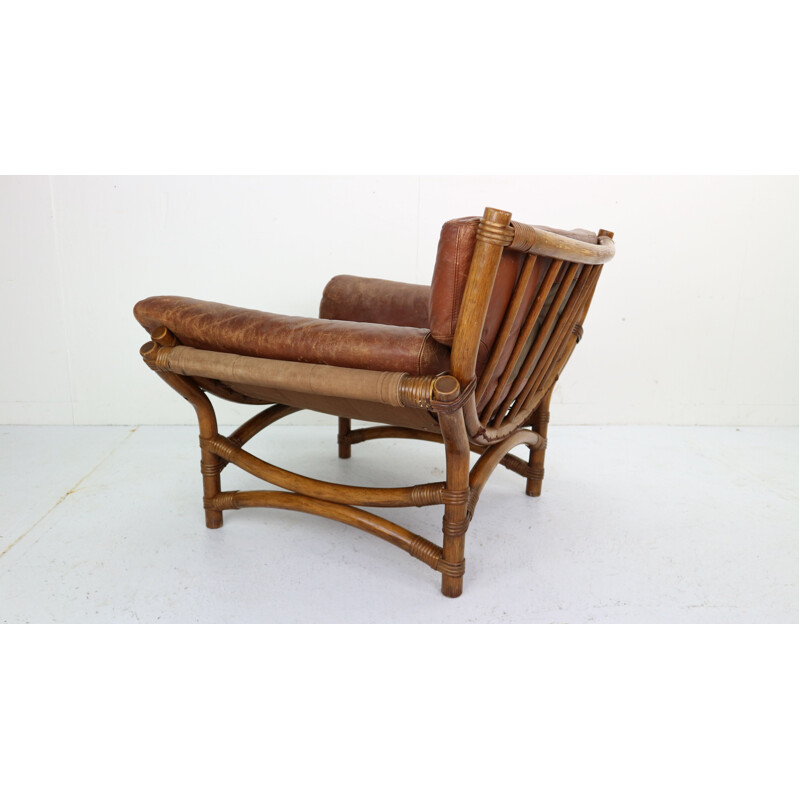 Vintage armchair in brown leather and bamboo