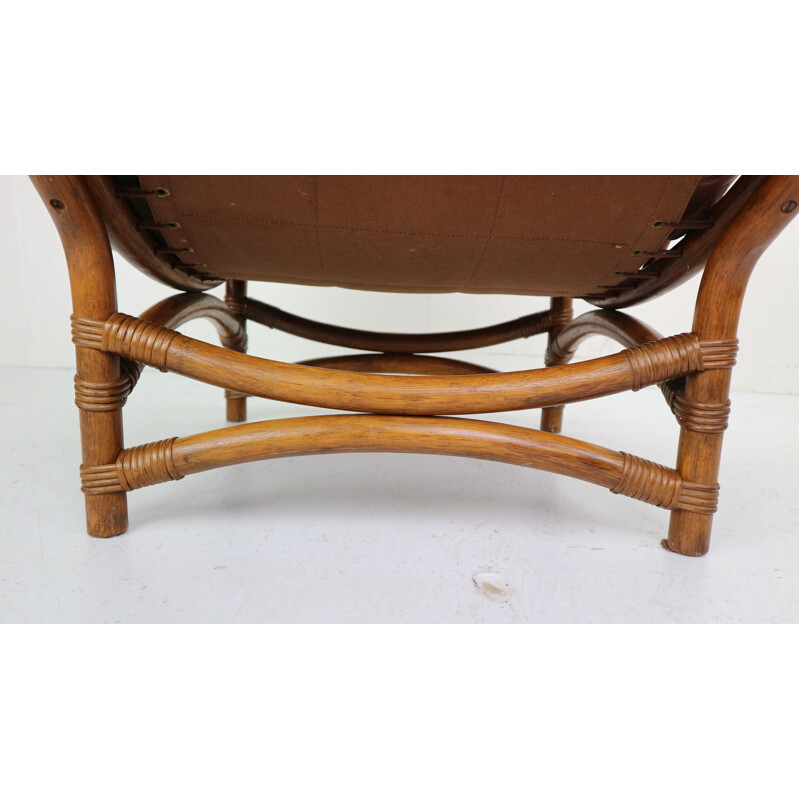 Vintage armchair in brown leather and bamboo