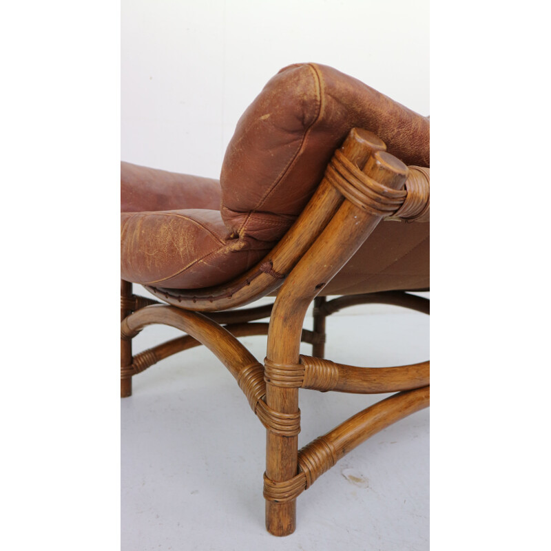 Vintage armchair in brown leather and bamboo