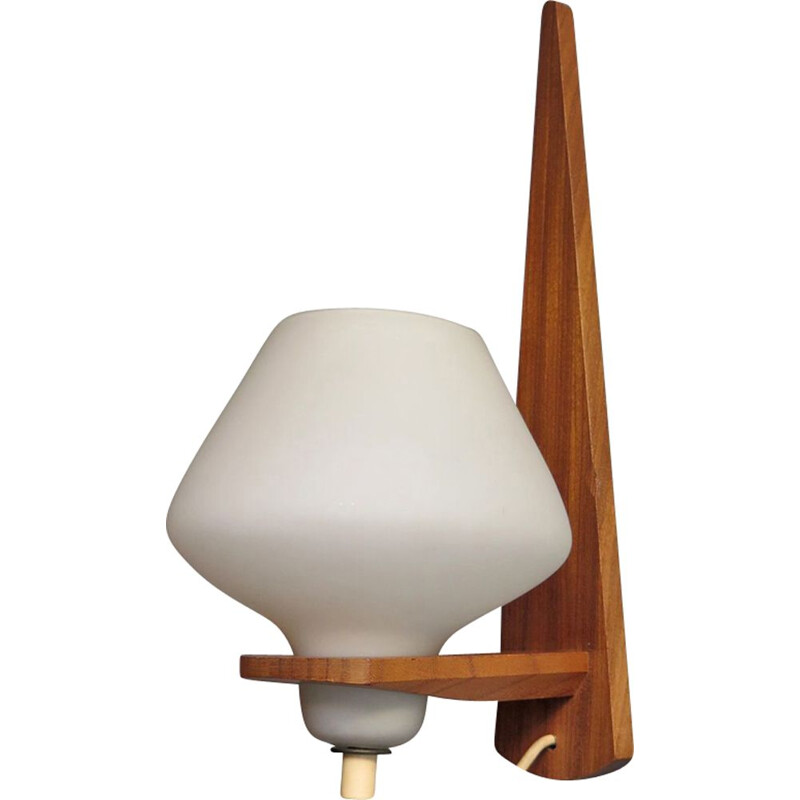 Vintage teak and opaline glass wall lamp