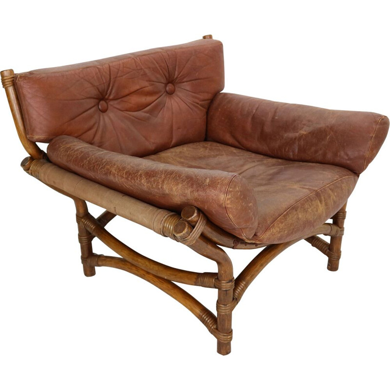 Fauteuil vintage en cuir marron et bambou