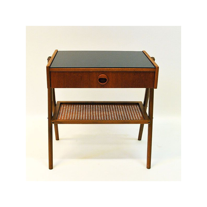 Pair of vintage bedside tables in teak and glass