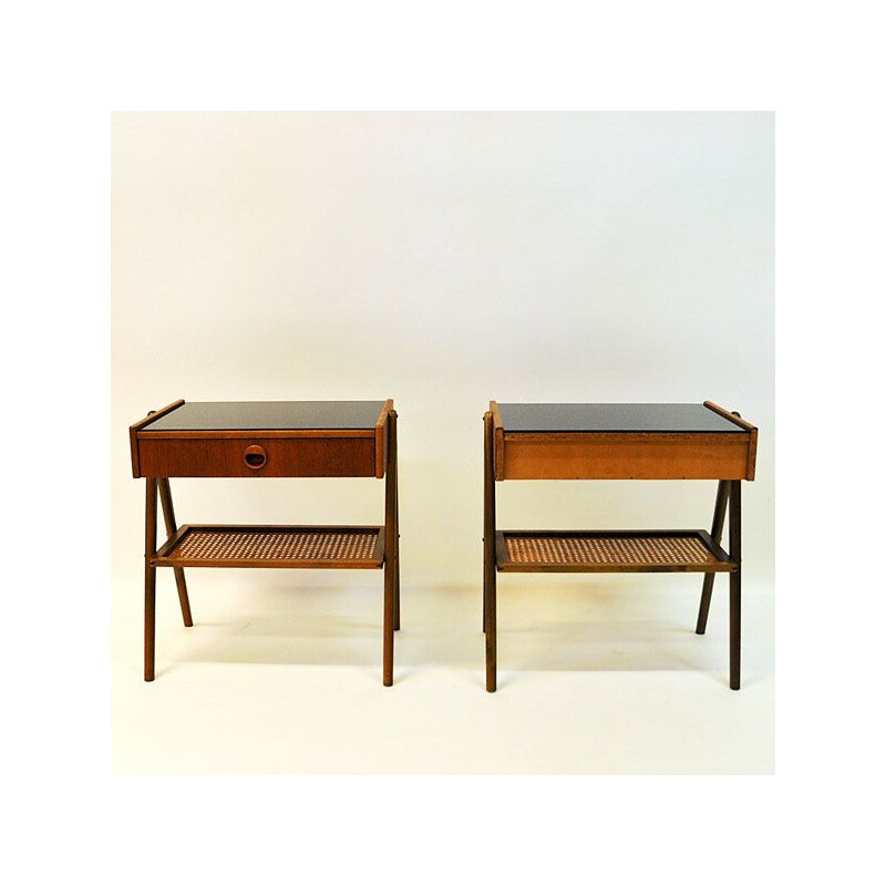 Pair of vintage bedside tables in teak and glass