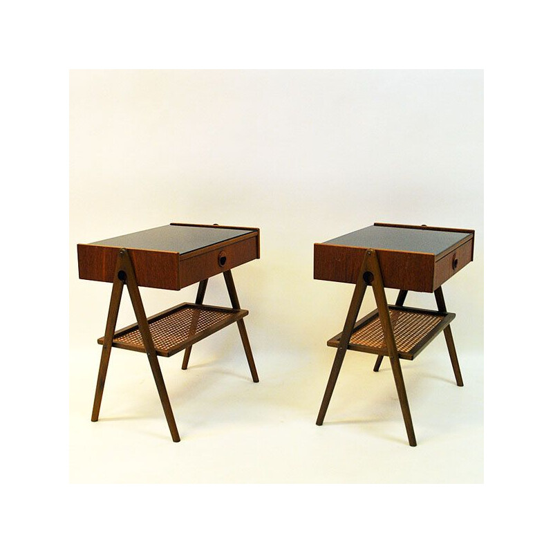 Pair of vintage bedside tables in teak and glass