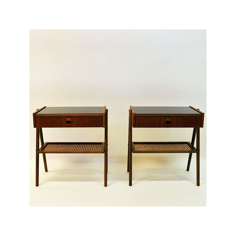 Pair of vintage bedside tables in teak and glass