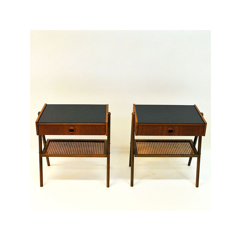 Pair of vintage bedside tables in teak and glass