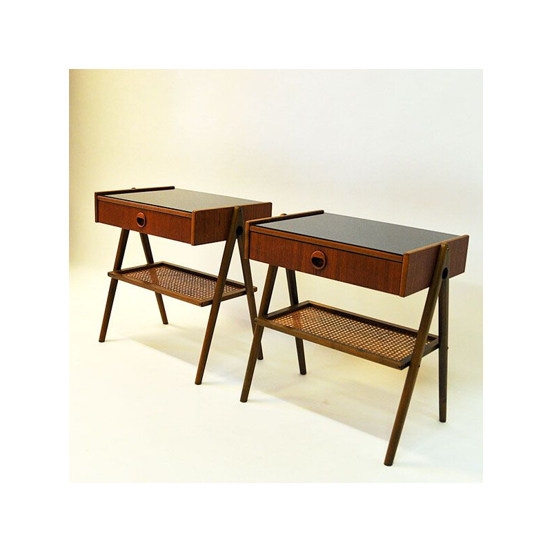 Pair of vintage bedside tables in teak and glass