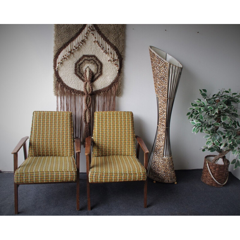 Lampadaire ethnique vintage en bois et métal,1980