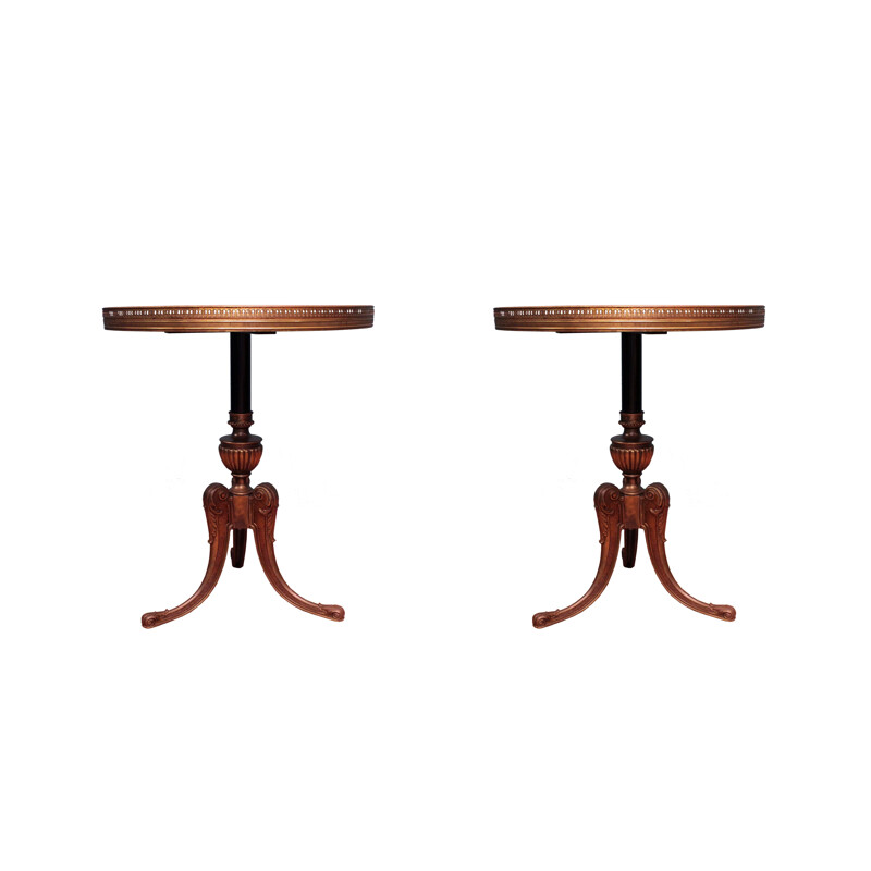 2 small vintage coffee tables in walnut wood and brass,1950