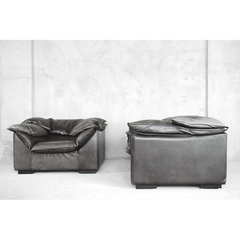 Paar vintage grijs lederen fauteuils van Jens Juul Eilersen voor Niels Eilersen, 1970