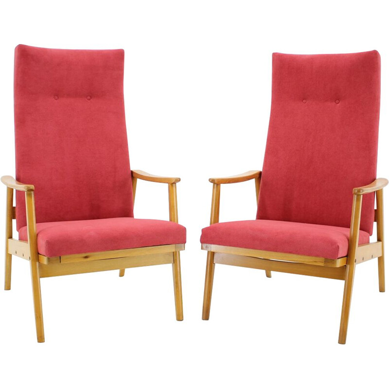 Pair of pink armchairs in beechwood for Thon