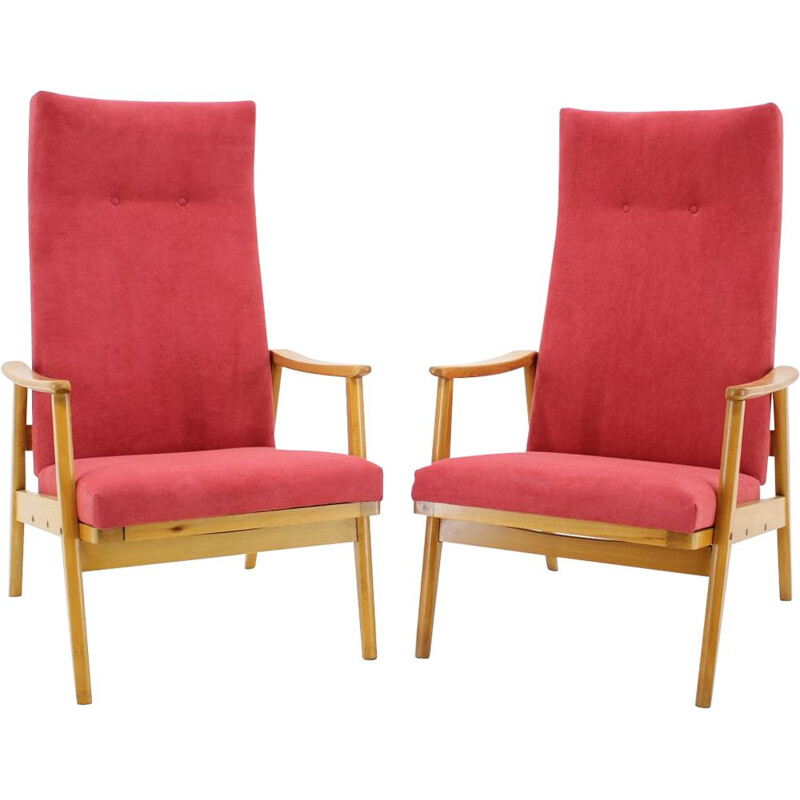 Paire de fauteuils roses en hêtre par Thon