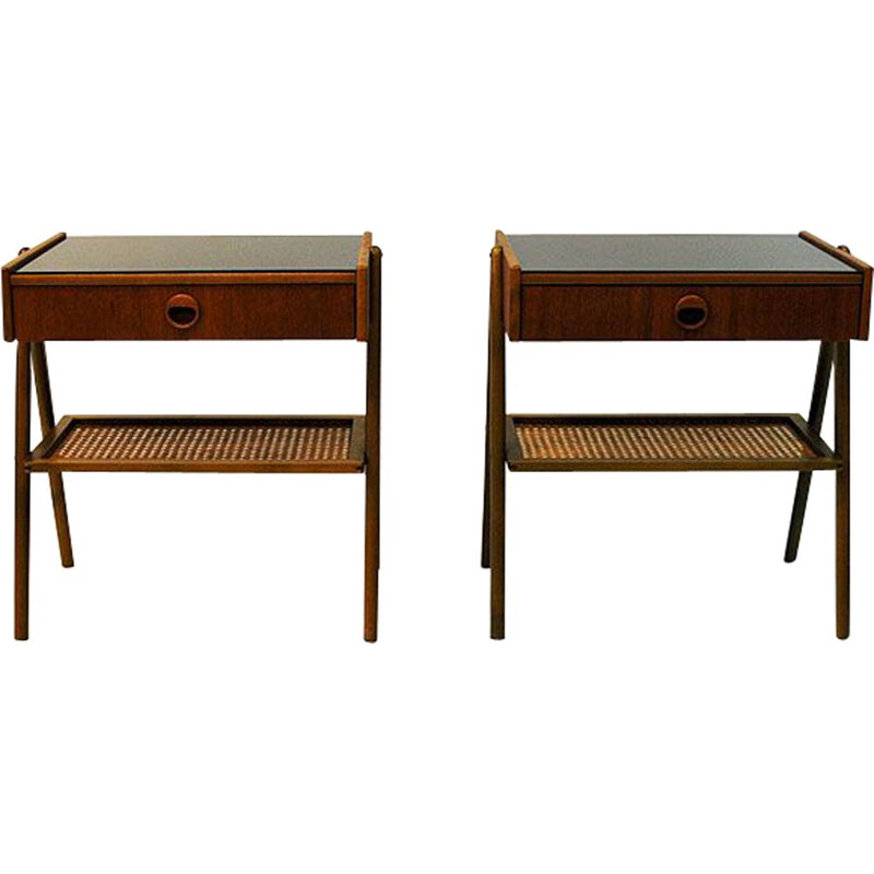 Pair of vintage bedside tables in teak and glass