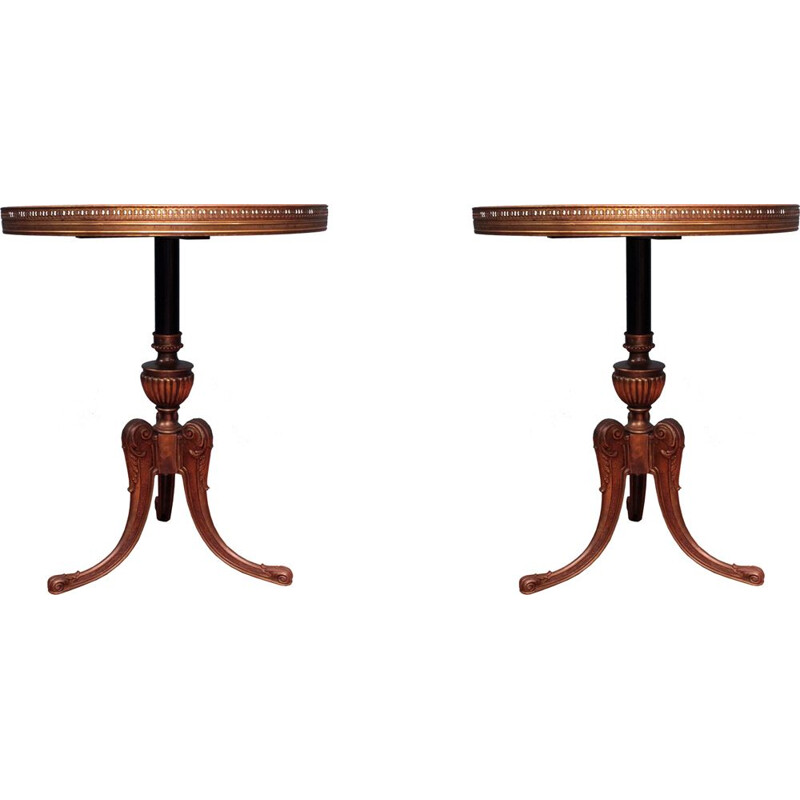 2 small vintage coffee tables in walnut wood and brass,1950