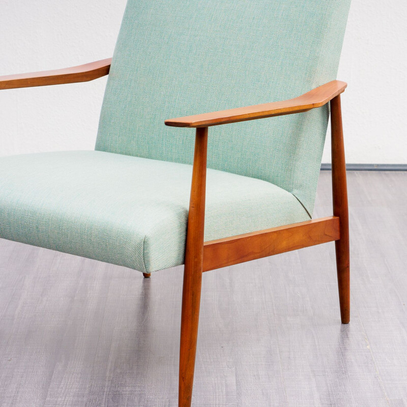 Fauteuil vintage en noyer tapisserie vert menthe années 1960 