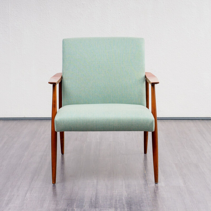 Fauteuil vintage en noyer tapisserie vert menthe années 1960 