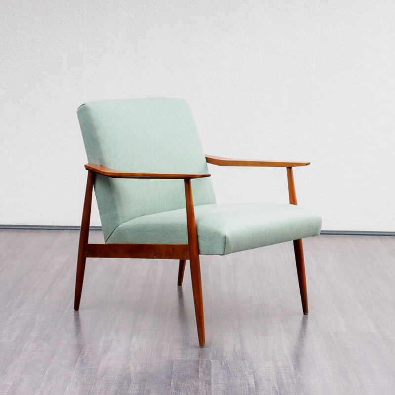 Fauteuil vintage en noyer tapisserie vert menthe années 1960 