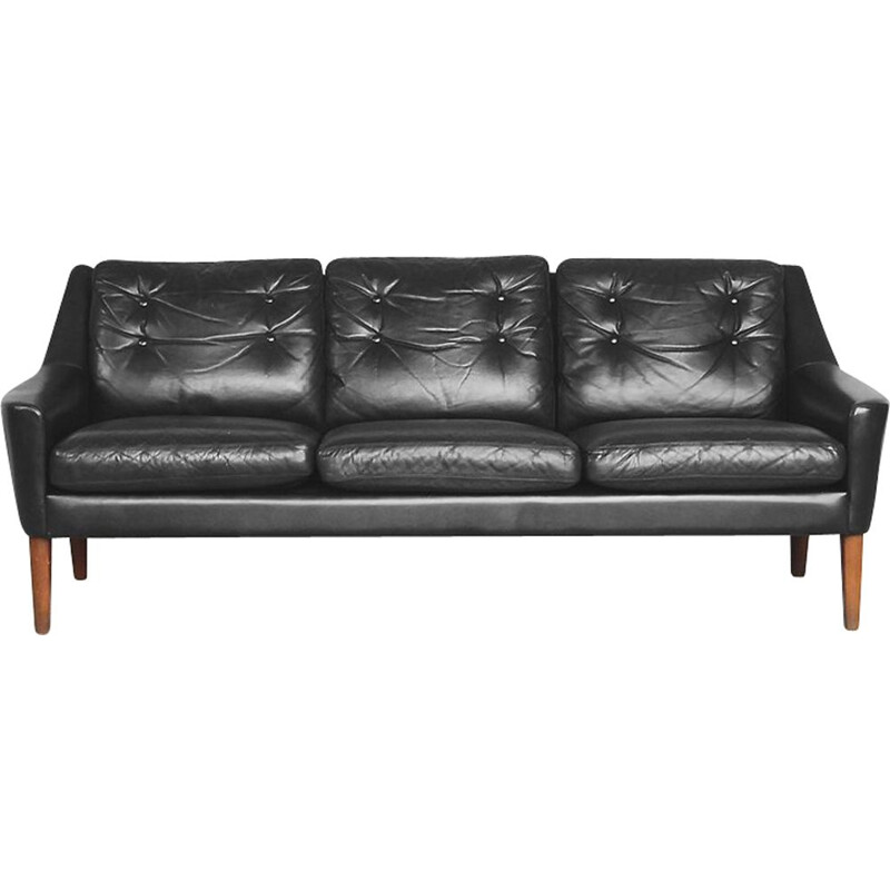 Vintage Black Leather 3 seater sofa by Ulferts Tibro 1960s