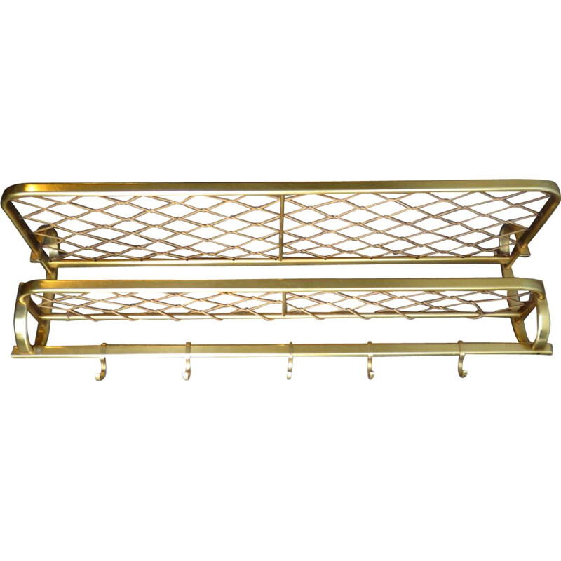 Vintage golden coat rack with string shelf 1960