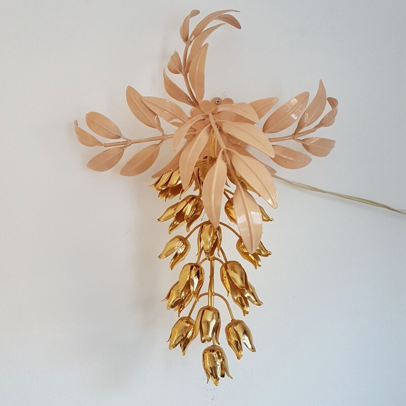 Vintage gold plated wall lamp with Wisteria flowers by Hans Kögl