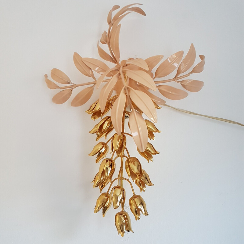 Vintage gold plated wall lamp with Wisteria flowers by Hans Kögl