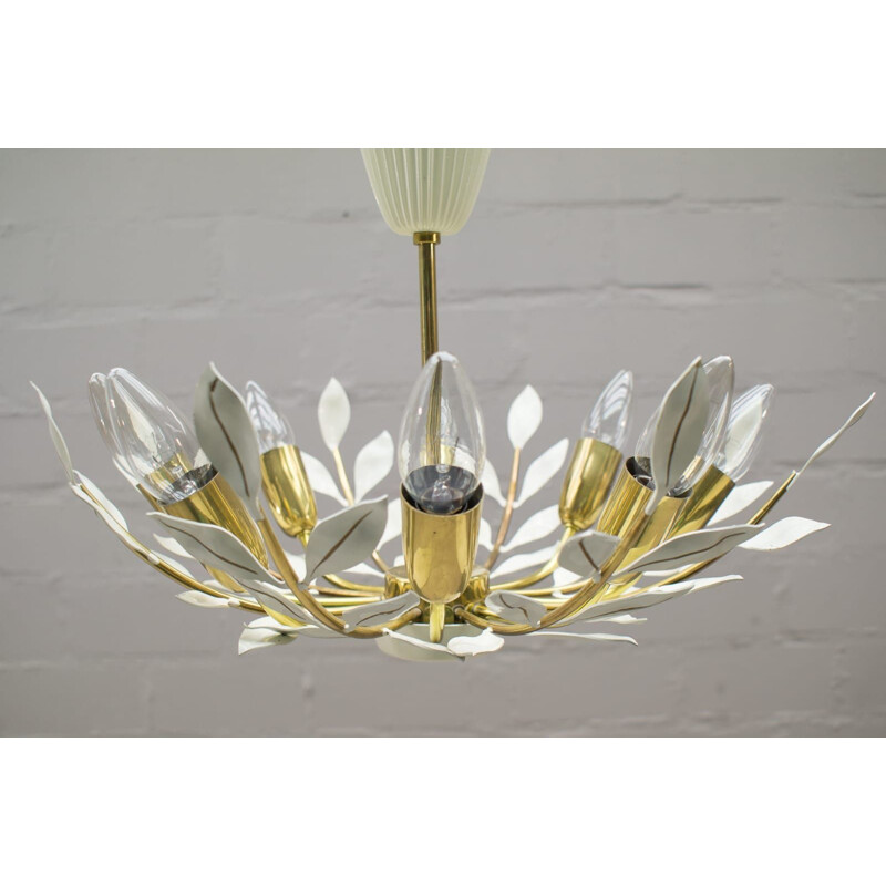 Vintage brass floral chandelier by Vereinigte Werkstàtten, Germany 1960s