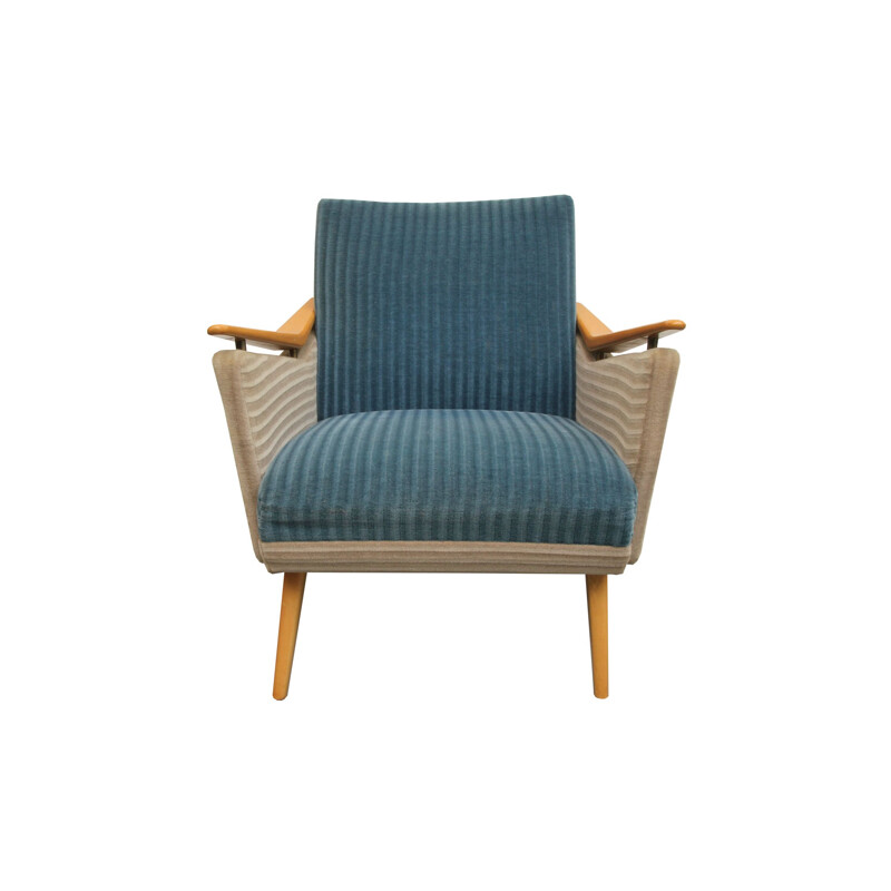 Vintage armchair in beech and blue and beige fabric