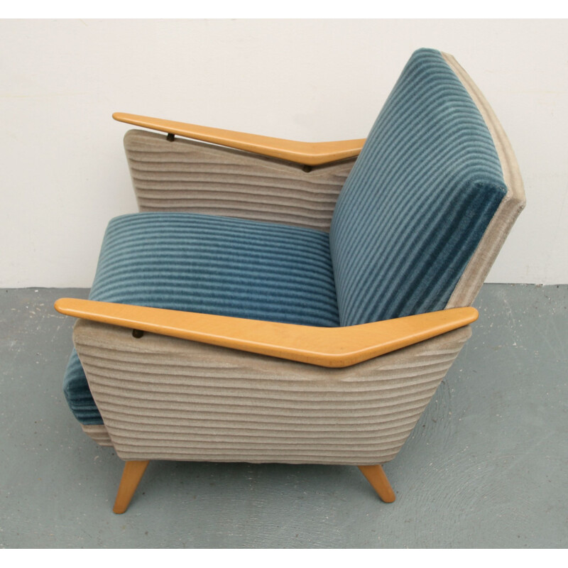 Vintage beuken en blauw en beige fluwelen fauteuil