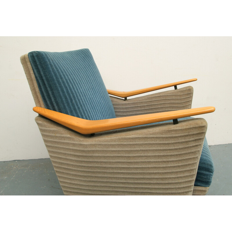 Vintage beuken en blauw en beige fluwelen fauteuil