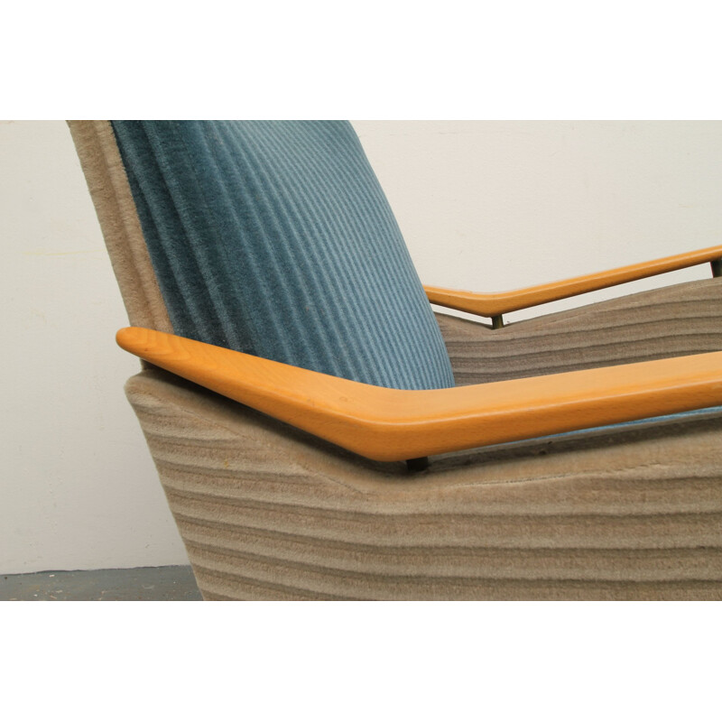 Vintage armchair in beech and blue and beige fabric
