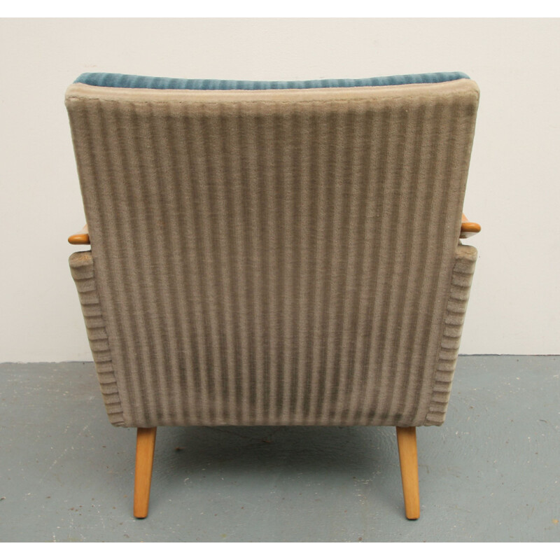 Vintage armchair in beech and blue and beige fabric