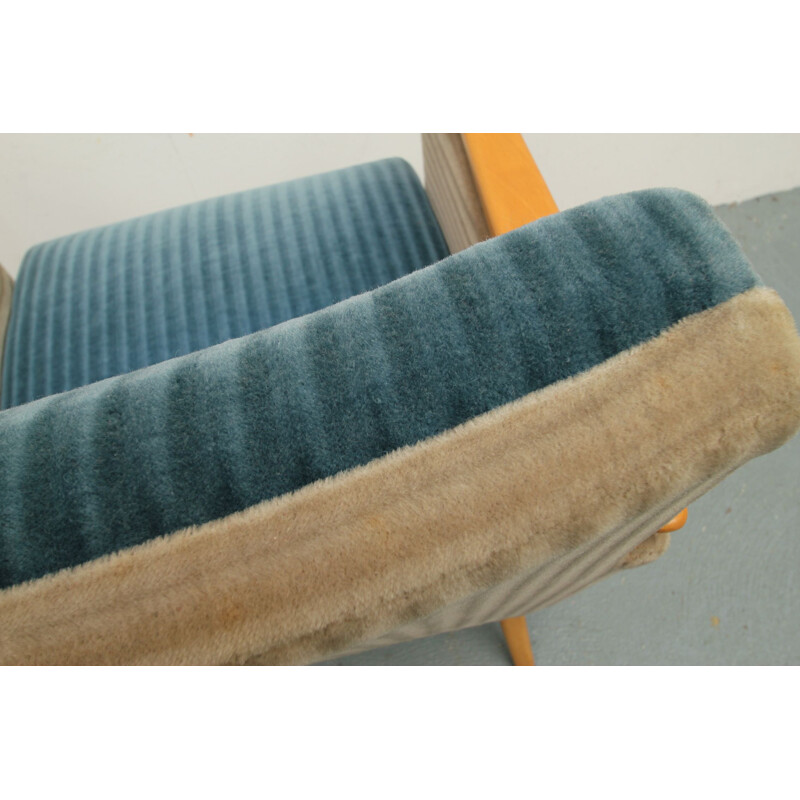 Sillón vintage de haya y terciopelo azul y beige