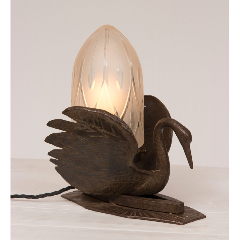 Vintage table lamp swan in bronze France 1930s