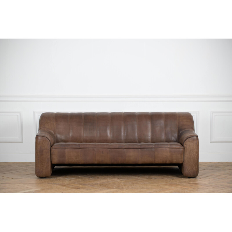 Vintage 3-seater sofa De Sede DS 44 brown dark cognac buffalo leather 1970s 
