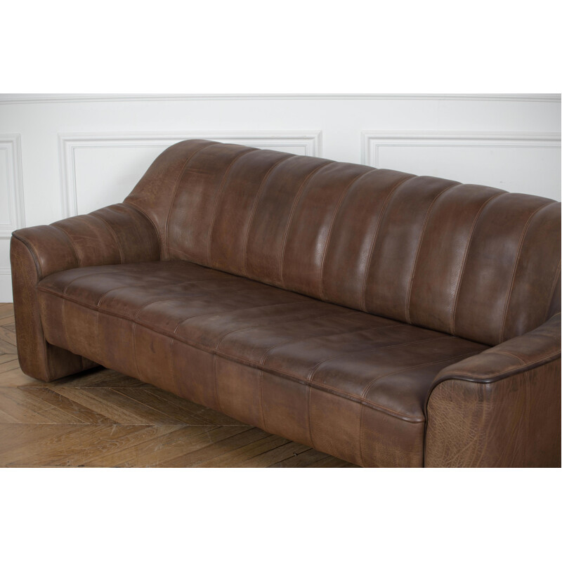 Vintage 3-seater sofa De Sede DS 44 brown dark cognac buffalo leather 1970s 