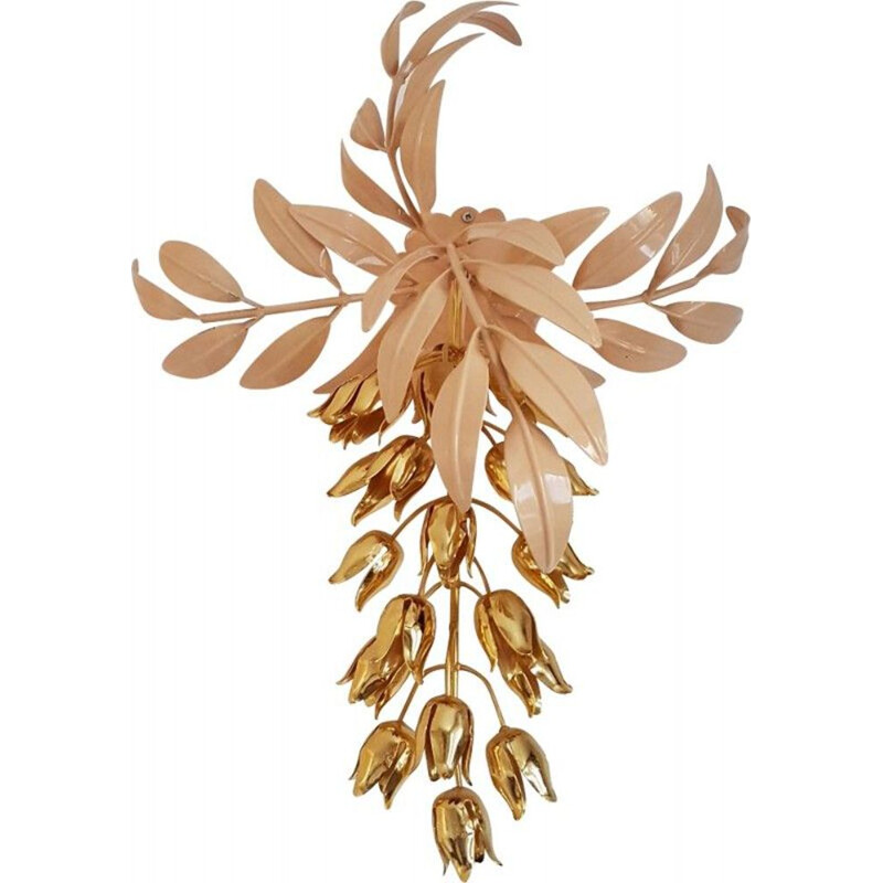 Vintage gold plated wall lamp with Wisteria flowers by Hans Kögl