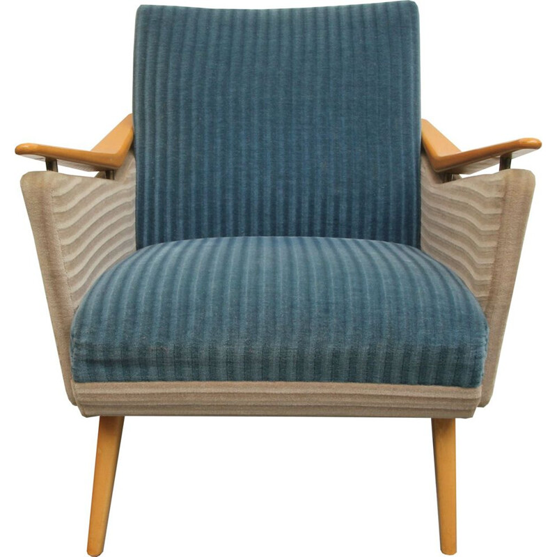 Vintage armchair in beech and blue and beige fabric